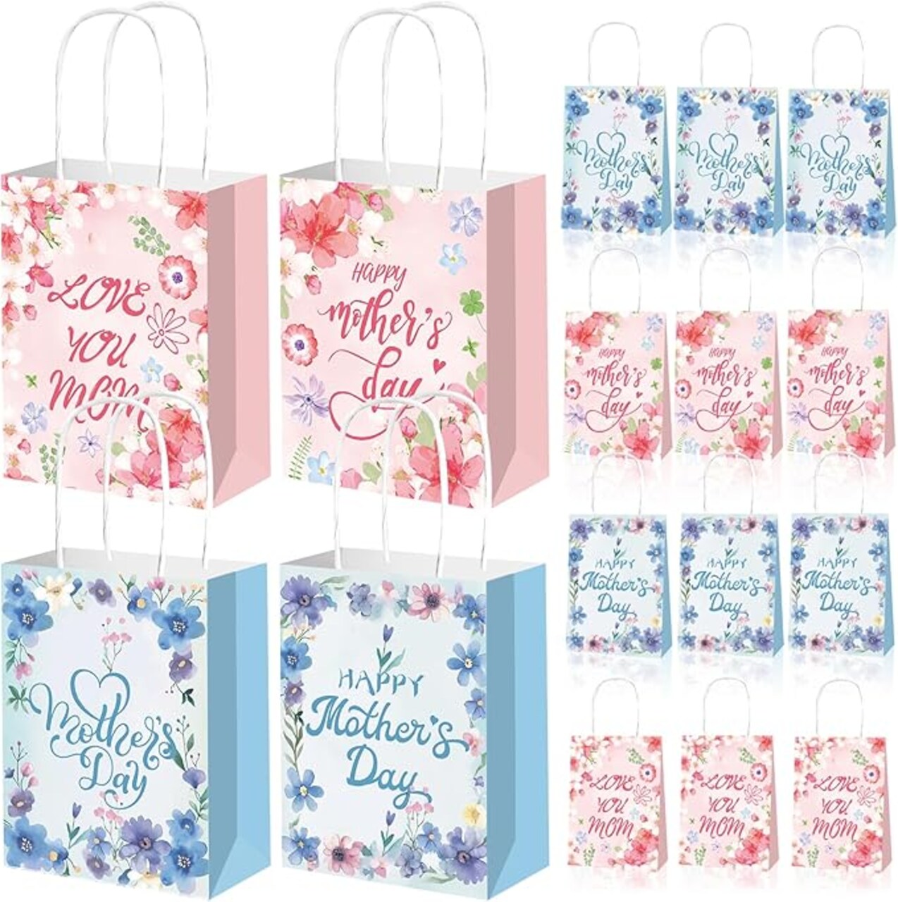 16 Pcs Mother's Day Gift Bags - 6.3" x 8.3" Pink & Light Blue Heart Paper Bags - Small Bulk Treat Bags with Handles for Mother's Day Favors and Gifts